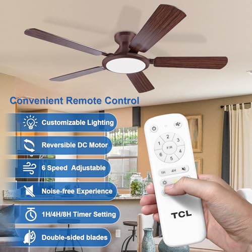 Image of TCL 52 inch Brown Low Profile Ceiling Fan with Light & Remote | 5-blade Flush Mount fan with quiet 6-speed reversible DC motor. Dimmable LED light. Ideal for bedroom, living room & garage