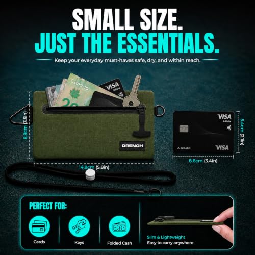 Image of Drench RFID Waterproof Floating Wallet IPX8 Dry Bag for Cards & Cash, Green | IPX8 waterproof RFID wallet for cards, cash & keys with floating design, adjustable lanyard, belt loop & carabiner