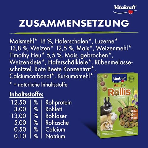 Vitakraft Rollis, Knusperringe für Nager, calciumarm, mit Luzerne, als Ergänzung zum Hauptfutter oder als Snack zwischendurch, ohne Zusatz von Zucker und Getreide (7x 500g)