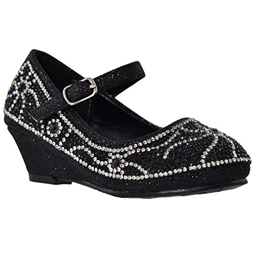 Generation Y Kids Wedge Pumps Dress Low Heel Girls Shoes Glitter Rhinestone GY-KS-SUN-02