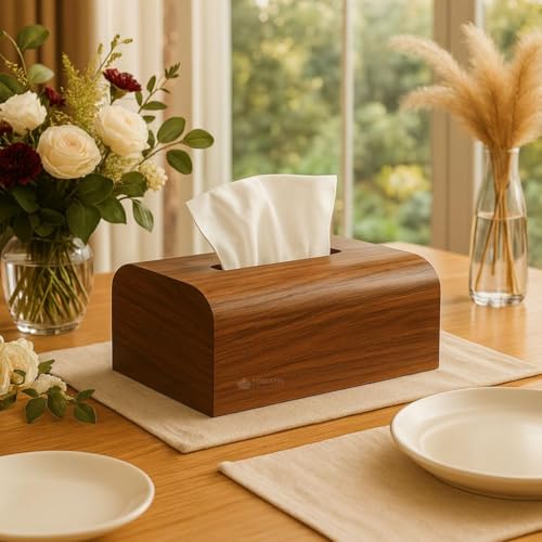 Image of Wooden Tissue Box| Rosewood Napkin Box| Tissue Holder Organizer for Table, Home, Office, Car| Rectangular Facial Paper Cloth Storage Case| Dispenser (Rosewood Edgy, 9X5 Inches)