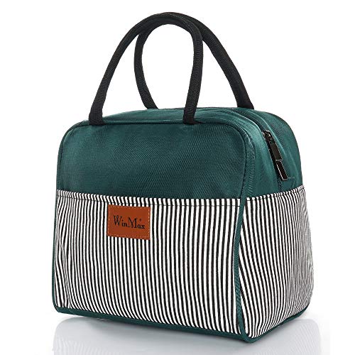 winmax Sac Repas Lunch Bag Sac à Déjeuner Sac Fraîcheur Portable Isotherme Grande Capacité pour l'école et Le Travail et Pique Nique - green stripe