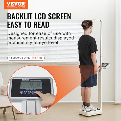 VEVOR Medizinische Digitalwaage, professionelle Personenwaage für Gewicht und Größe, Arztwaage mit eingebauter Messlatte, 2 Einheiten (kg/lb), BMI für das Fitnessstudio im Heimkrankenhaus, 227 kg