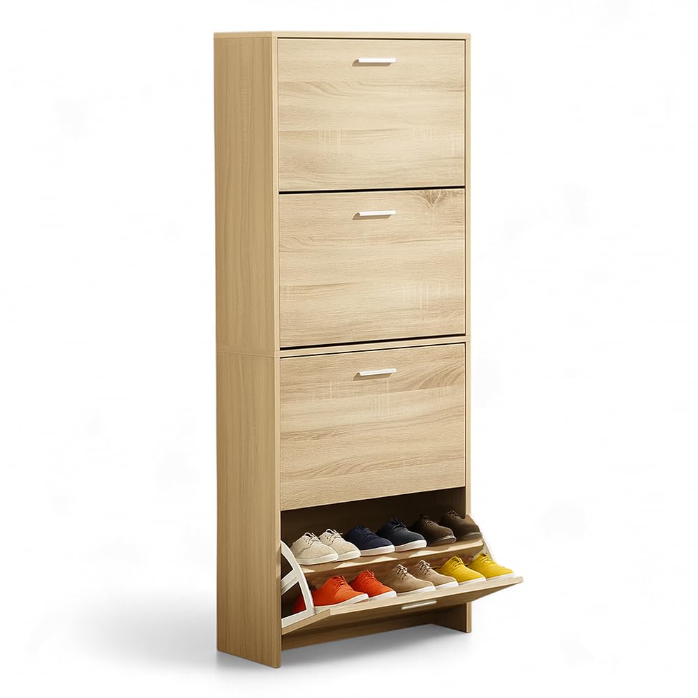 CATAVANA Zapatero Madera 24 Pares, Mueble Zapatero Entrada Recibidor con 4 Tapas, Shoe rack for bedroom, Organizador Zapatos Vertical para Pasillo, Shoe Rack Armario Calzado,60x24x150 cm, Madera Clara