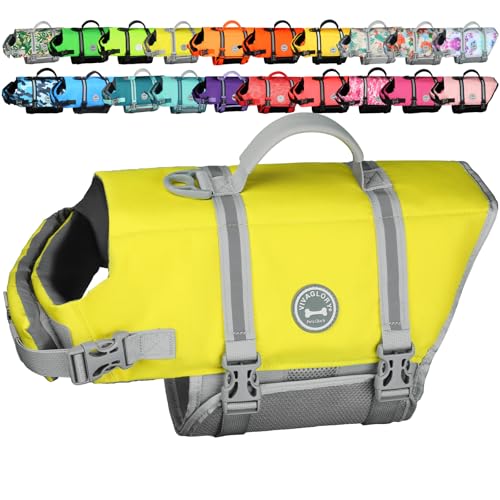 VIVAGLORY Rip Stop Dog Life Vest, Swimming Vest with Handle, Buoyancy for Doggy Puppy, Dog Life Jacket for Swimming & Boating, M, Yellow Grey