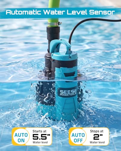Image of SEESII 1HP Automatic Submersible Water Pump - 5548 GPH High Flow | Auto /Manual Modes, Sump Pump with Dry Run Protection for Fast Water Removal from Pools, Hot Tubs, Basements, Ponds and Yards