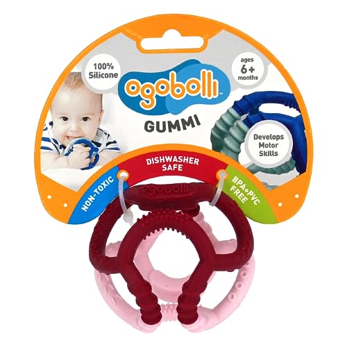 Image of OgoBolli Gummi Teether Ring Textured Sensory Ball Toy for Babies & Toddlers - Stretchy, Soft Non-Toxic Silicone - Boys and Girls Age 6+ Months - Pink Grapefruit