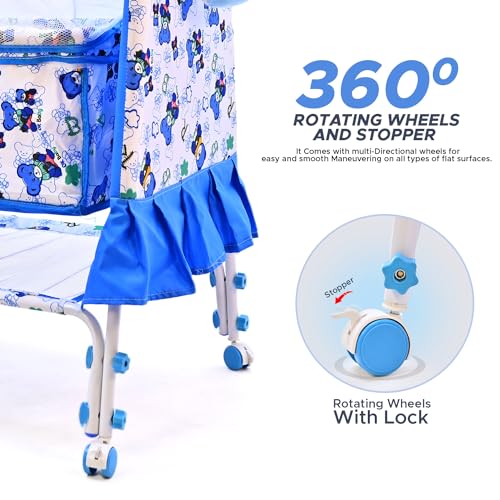 Image of BUBBLEBABY Baby Cradle | Jhula | Baggi | Palna | Ghodiyu | Ventilated | with Swing & Mosquito Net | 0-12 Months | Four Wheels with Brake | Storage | Polypropylene | Safe & Sturdy | Foldable | Blue