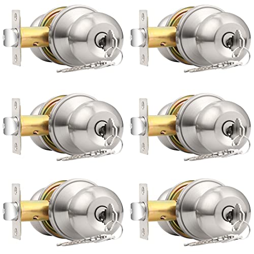 Probrico Brushed Nickel Entry Door Knobs Combo Pack, 6 Pack Keyed Alike Entrance Door Locks, Ball Door Knobs with Lock and Keys for Interior Exterior Doors