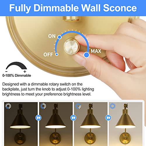 Image of TRLIFE Wall Sconces Plug in, Dimmable Wall Sconces Brushed Brass Swing Arm Wall Lights Plug in Wall Mounted Light Industrial Wall Lights with 6FT Plug in Cord, E26 Base, UL Listed(Two Arms, 2 Pack)