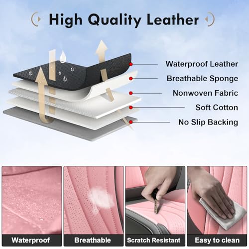 Image of Coverado Car Seat Covers Full Set, Universal Seat Cover for Cars, Luxury Faux Leather Seat Covers, Car Seat Protector Waterproof, Automotive Seat Cover, Car Seat Cushions Fit for Most Cars (Gray&Pink)