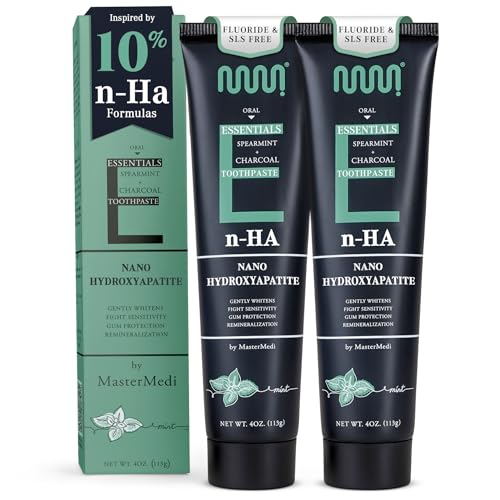 MasterMedi Nano Hydroxyapatite Toothpaste (Inspired by 10% nHA Formulas), Fluoride-Free, Charcoal Whitening, Sensitive Teeth Care, Enamel Support, SLS-Free, Xylitol, Citrus Mint, 4 Oz (Pack of 2)