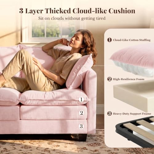 Image of KYJ Cloud Loveseat Sofa Couch with Ottoman 3 Layer Cushion for Small Spaces | 50 inch Chenille Small Sofa, 27 inch Deep Seat, 2 Washable Pillow, in a Box for Bedroom & Living room, Singles, Couple & Kid, Pink