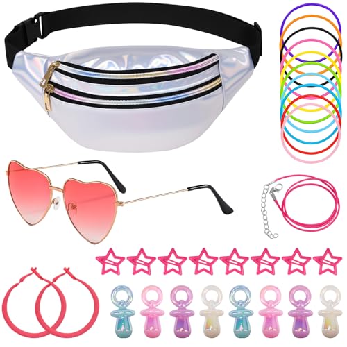 Disfarce dos anos 90 para mulher, 31 peças dos anos 90 80, conjunto de acessórios com cintura, óculos de coração rosa, pulseiras de néon, brincos, ganchos para o cabelo, festa dos anos 90, Prata