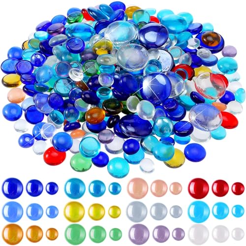 Honeydak 300 Pcs Flat Glass Marbles for Vases Glass Pebbles Floral Fish Tank Rocks for Vases Table Scatter Aquarium Decor (2.4LB) (Colorful)