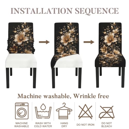 Image of Black Gold Floral Dining Chair Covers Set of 4, Stretch Covers