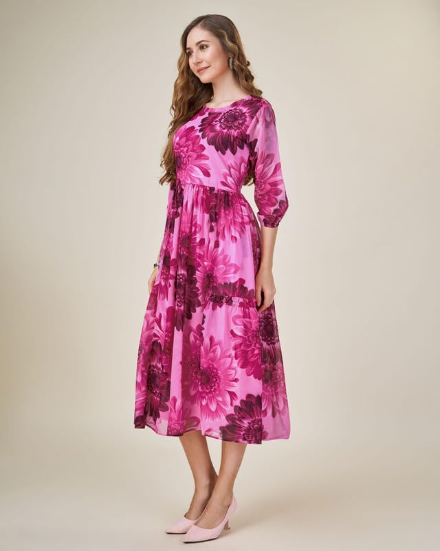 Image of MOJILAA Women's Georgette Floral Printed Gathered Dress