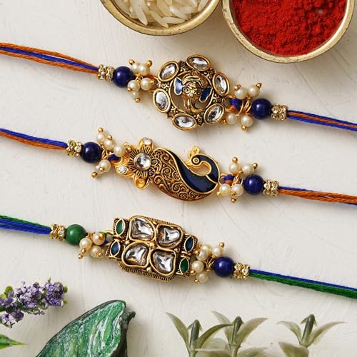 Image of eCraftIndia Set of 3 Lord Ganesha Peacock Floral Kundan Designer Rakhi for Brother with Best Bro Ever Fridge Magnet & Roli Chawal Pack | Raksha Bandhan Rakhi Combo | Traditional Festive Thread Set