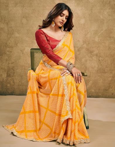 Image of SIRIL Women's Chiffon Bandhani Printed Saree With Unstitched Blouse Piece