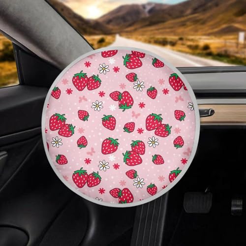 Image of Strawberry Print Steering Wheel Cover Sunshade Personalized Sun Shade for UV Protection Anti Slip Car Interior Accessories Sun Protection Universal Steering Wheel Shield