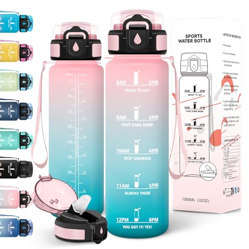 Motswedi Gourde 1l, Anti-Fuite, Gourde Paille, avec Marqueur de Temps, Bouteille d'eau, Poignée de Transport, Bouteille avec Paille, Facile à Ouvrir, pour Randonnée,...