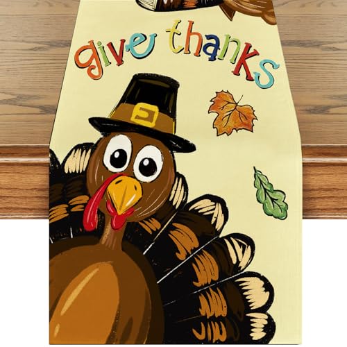 Thanksgiving Turkey Table Runner, Give Thanks Gobble Turkey Maple Leaves