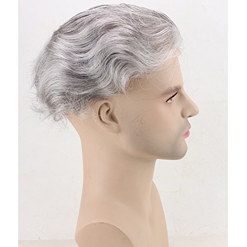 Dreambeauty Men's Toupee 10"×8" European Virgin 20% #1B Black Human Hair Mix 80% Silver Synthetic Hair Soft Thin Skin Mens Hair Pieces Hair Replacement System Monofilament Net With Pu Around Base #TOP4