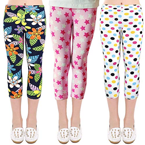 Ceguimos - Pack de 3 Unidades Leggins para Niña Chica Estampado de Flores - 3/4 Largos, Color A, 5 Años