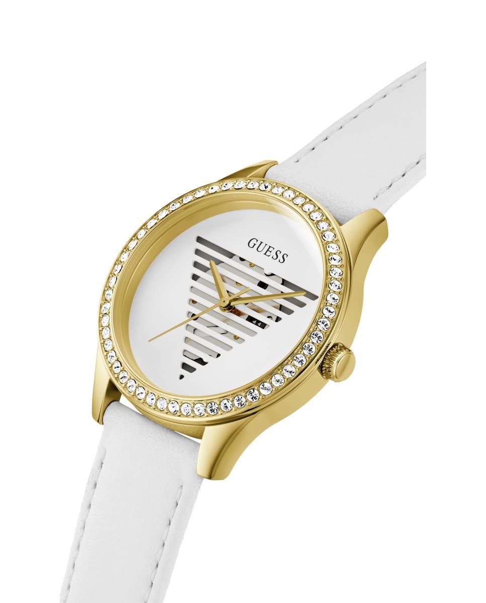 GUESS Reloj para Mujer de 38 mm, Correa Blanca, Esfera Blanca, Caja Dorada
