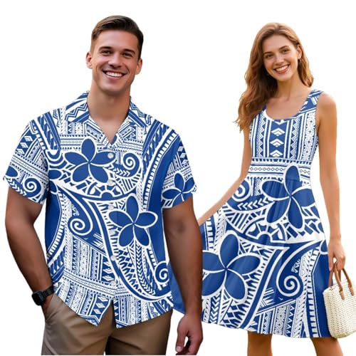 Image of Dreaweet Summer Dresses for Women A-Line Sleeveless Flowy Sun Dresses,Men's Casual Button-Down Shirts,Couple Matching Outfits