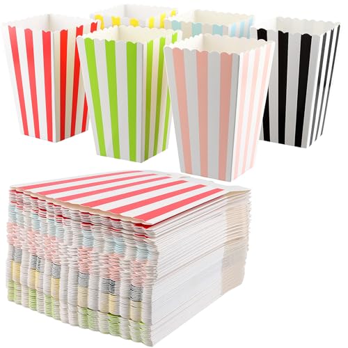KEILEOHO Lot de 144 boite a pop corn,sachet pop corn, cornet pop corn, Rayures multicolores, Sacs de fête en papier pour bars à pop corn, bar à bonbons,...
