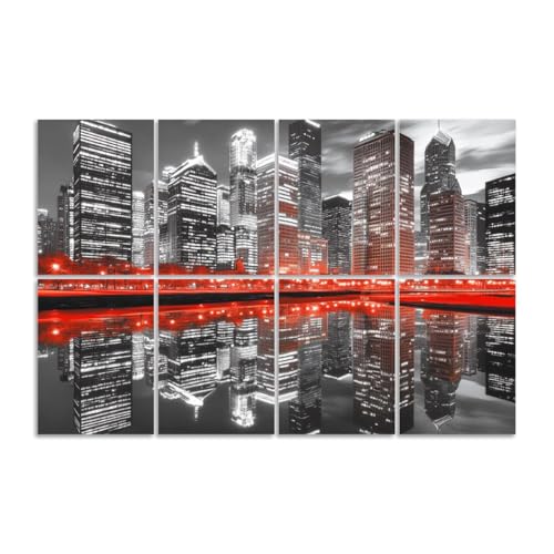 8 Pack Paneles Acústicos Decorativos Absorbentes de Sonido Vista Nocturna de Chicago Skyline en Negro y Rojo 48"x32" miniatura 1