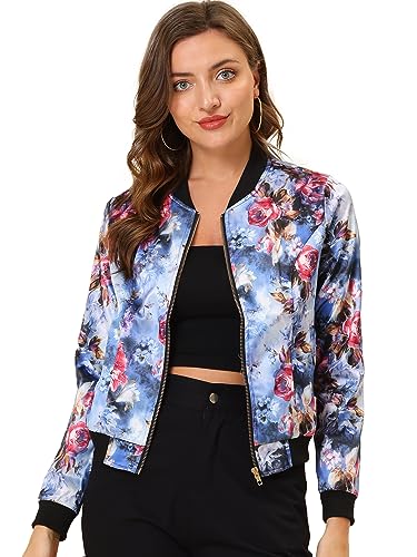 Allegra K Damen Bunt Blouson Frühling Sommer Bomberjacke Blumenmuster Reißverschluss Jacket Blau L