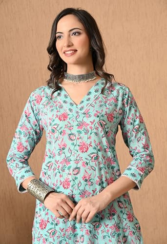 Image of Amazon Brand - Tavasya Women Cotton Anarkali Kurta Pant Dupatta Set | Printed Ethnic Suit Set | Flared Anarkali Kurta with Pant & Dupatta | Festive & Casual Wear