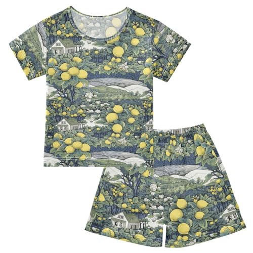 ALAZA Lemon and Landscape Pajama Set Short Sleeve Sleepwear Soft Lounge Nightwear