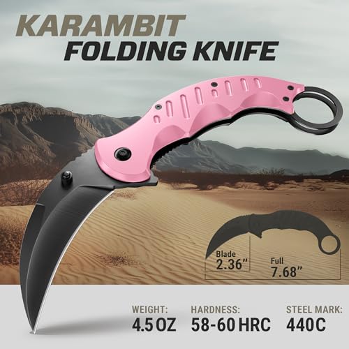 Image of GOOD WORKER Pink Karambit Folding Knife - SharpTiger Claw Blade with Liner Lock and Aluminum Handle - Best Pocket Knives for Military Hunting Camping EDC for Men - Gifts for Women X-42 P
