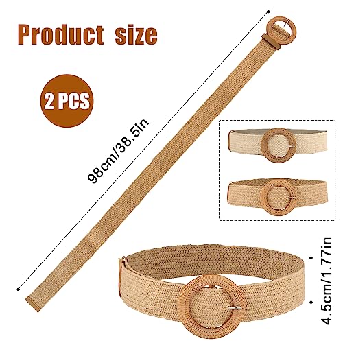 2-Piece Braided Straw Dress Belts with Wooden Buckle - Beach-Ready Wide Waist Belts for Women's Summer Dresses (White, Light Tan)2