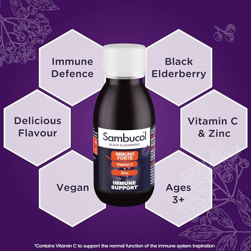 Sambucol Immuno Forte Black Elderberry Liquid 120ml - Black Elderberry Extract with Vitamin C and Zinc to Support the Normal Function of the Immune System for Adults