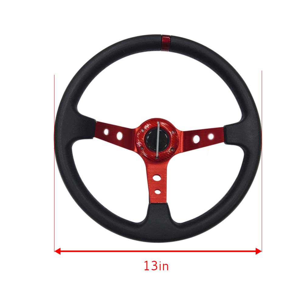 idain Universal Fit 350mm Racing Steering Wheel 3 Aluminum Spokes 6 Bolts Steering Wheel with ABS Horn Button (Red)