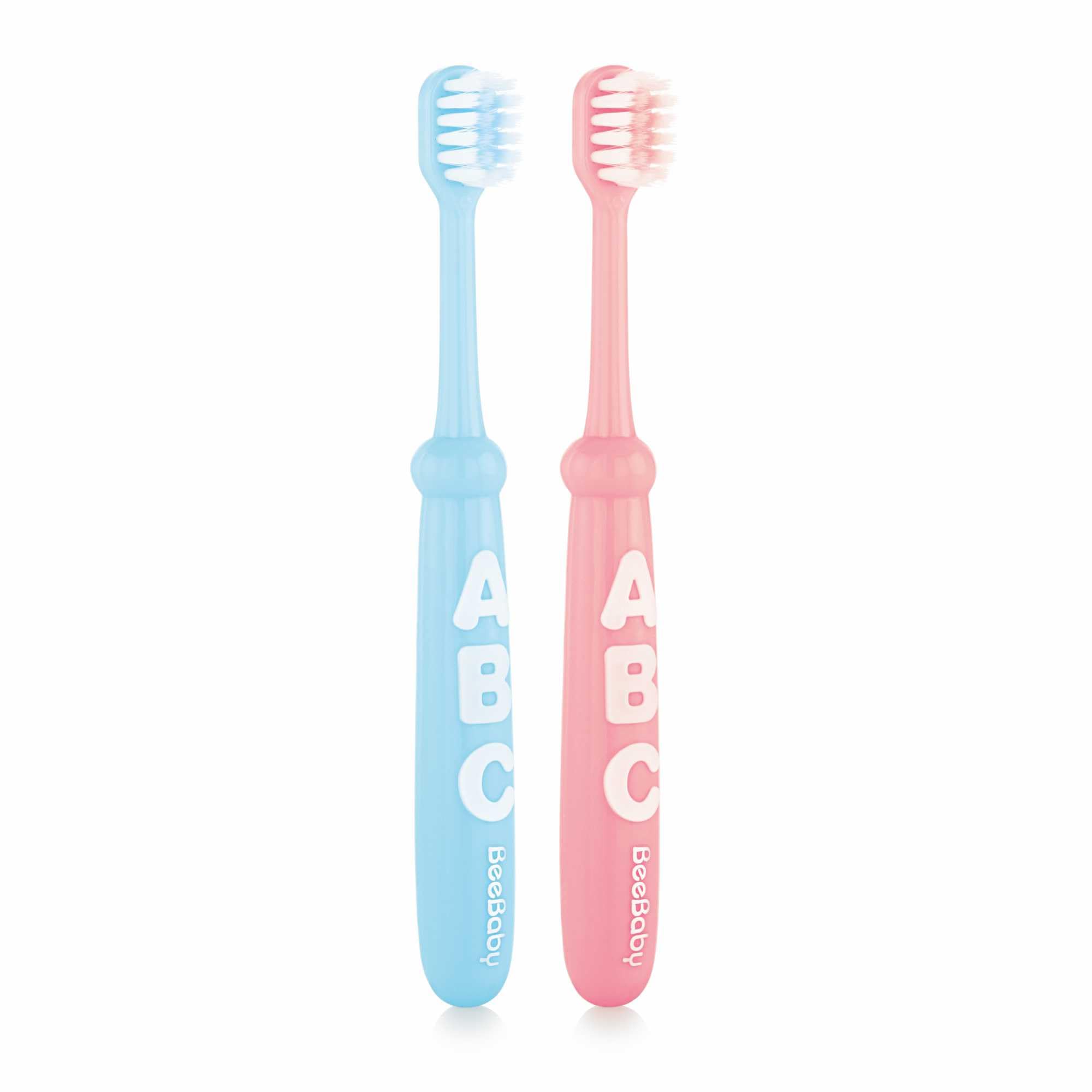 BeeBaby Brush Buddy Toothbrush for Infants 6 Months +. Small Head 10 x Super Soft Tapered Bristles Ideal for Milk Teeth, 100% BPA Free. Blue & Pink. Pack of 2-image-29
