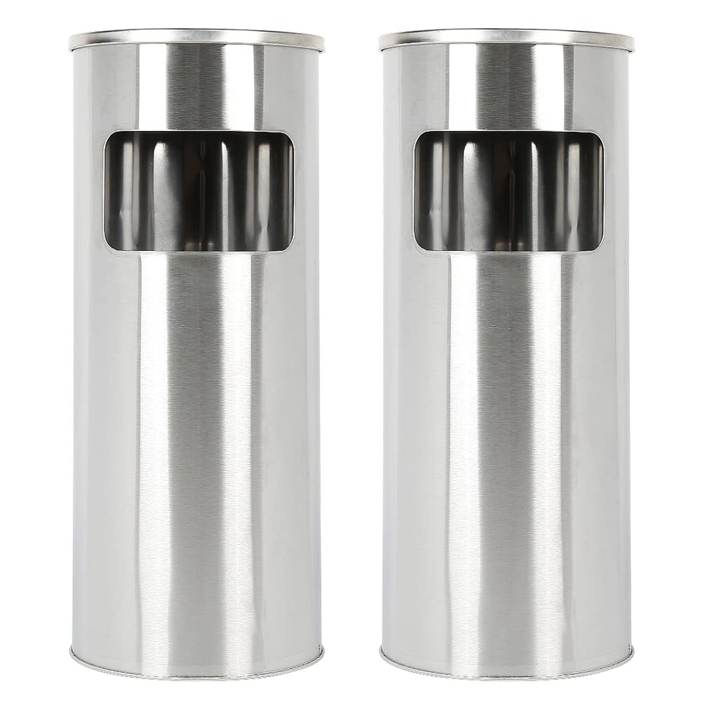 Cubo de basura con cenicero para exterior, Cenicero sobre pie de acero inoxidable con basura, Papelera Cenicero Altura 60 cm- 25 * 25 * 60 cm-silver (2pc)