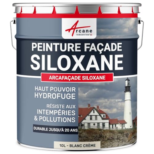 ARCANE INDUSTRIES Peinture Facade Siloxane Hydrofuge - ARCAFACADE SILOXANE - 10 L (+ ou - 60 m² en 1 Couche) Blanc Crème - RAL 9001