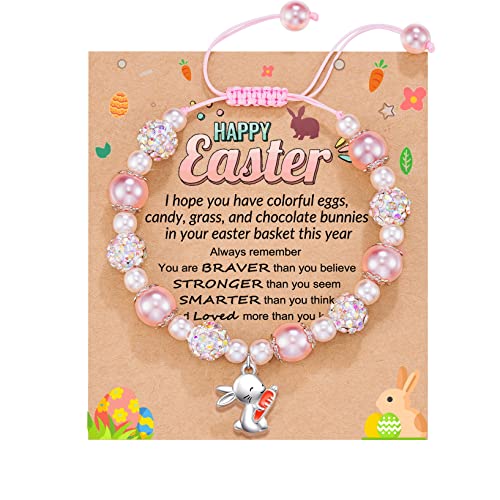 HGDEER Pink Pearl and Rhinestone Balls Bunny Bracelet Cute Easter Gifts for Girls