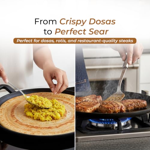 Image of HomeEssentials Round Non-Stick Cast Iron Tawa with Silicone Grip Handles | Non-Stick Cooking & Serving Pan for Dosa, Chapati, Roti, Pizza, Pancakes, Omelets and Daily Cooking