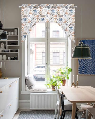 Xipuska Coastal Christmas Swag Valances for Windows, Kitchen Window Curtains Over Sink, Xmas Snowman Shell Starfish Window Treatment Shades Drapes Rod Pocket Curtains for Bedroom/Bathroom 56"x36" - Image 5