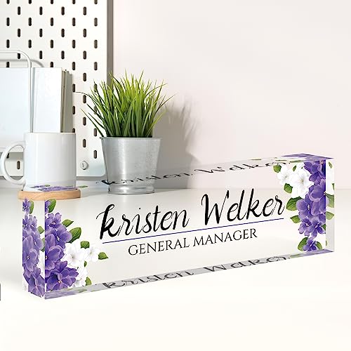 Image of Custom Name Plate for Desk, Desk Name Plate Personalized, Office Decor for Women, Acrylic Desktop Accessories, Office Appreciation Gifts for Boss Social Workers Nurse Teacher Employee(Purple Flowers)