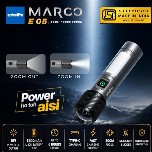 Image of Spicelite Marco E05 Rechargeable LED Torch Light High Power, 6W Long Range Flashlight with Zoom Focus, Type-C Fast Charging, Aluminium Body, IP20 Water Resistant, 6 Modes for Camping & Emergency