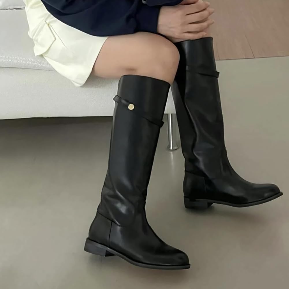 Women's Flat Knee High Boots Calf Leather Almond Toe Riding Tall Boot