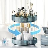 INVSSENE 360° Rotating Makeup Organizer, Bathroom Organizers and Storage Holder Rack, Large Capacity Vanity Shelf Countertop, Fits Cosmetics, Perfume, Skin Care(Blue, 2 Tiers)