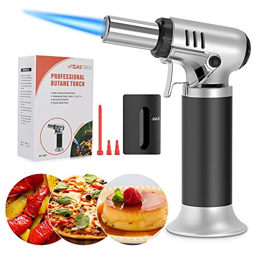 Yakuin Butane Torch Refillable Cooking Torch with Fuel Gauge One-handed Operation Adjustable Flame Mini Culinary Torch Lighters Kitchen Torch for Creme Brulee Desserts BBQ Baking Crafts